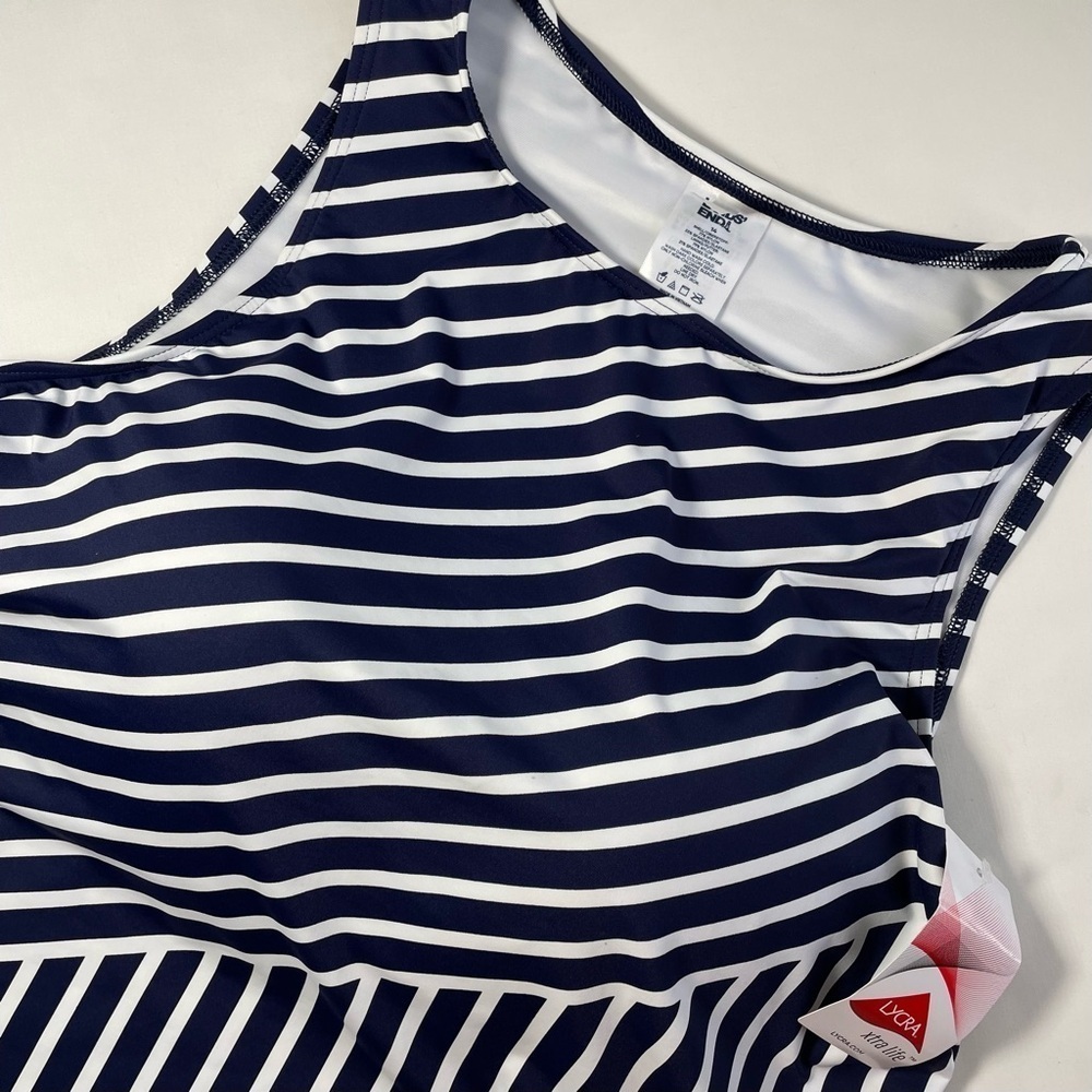NWT Lands' End High Neck Tankini Deep Sea Mixed Diagonal Stripe Padded Size 14